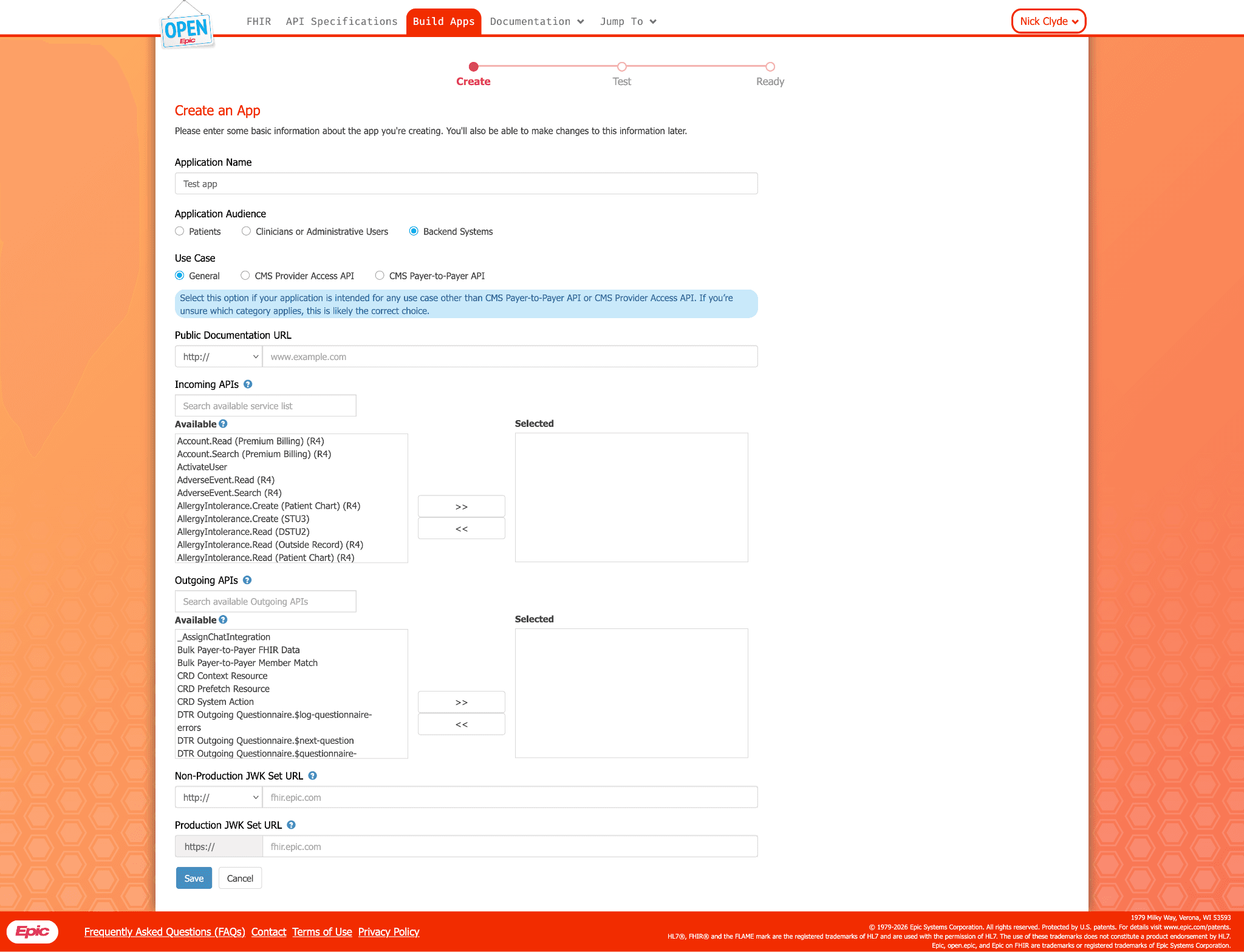 Create an App form in Epic on FHIR