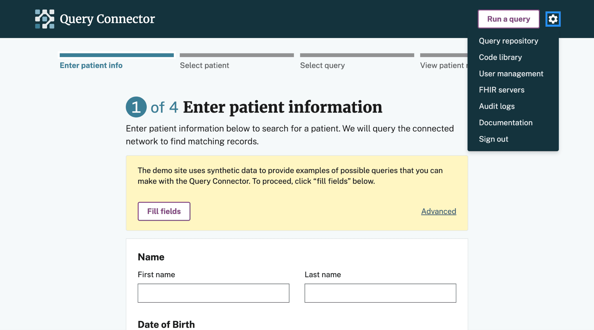 Settings menu with FHIR servers option